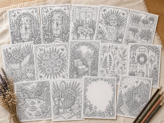 Cozy Cottage Garden Coloring Book, Printable Adult Coloring Pages, Stress Relief Floral Garden PDF, Digital Download · CB-03 view 8
