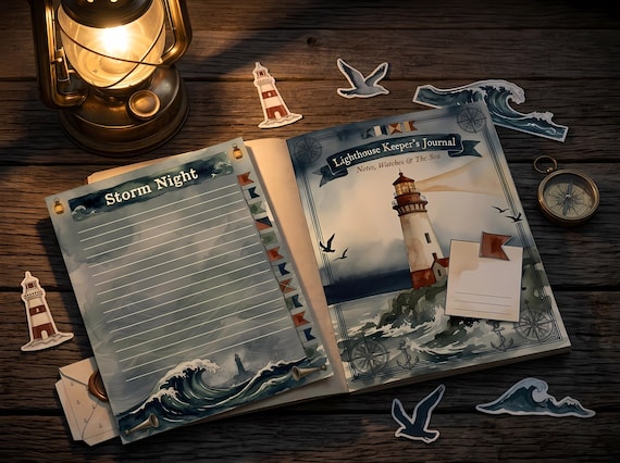 Lighthouse Junk Journal Kit, Printable Coastal Journal Pages, Nautical Maritime Ephemera, Signal Flag Tags, Digital Download · JK-085 view 3