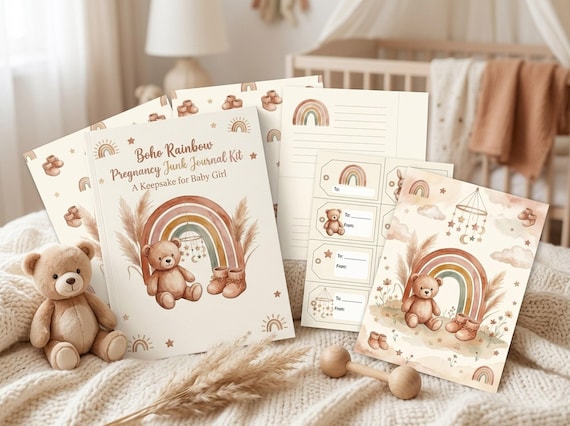 Boho Rainbow Pregnancy Junk Journal Kit, Baby Girl, Printable Ephemera, Expecting Mom Gift, Baby Shower, Digital Download · JK-127 view 3