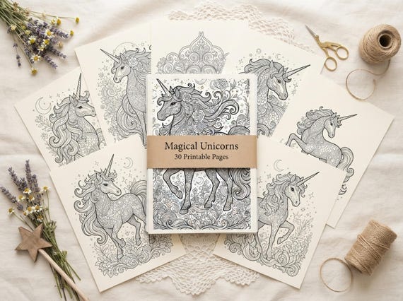 Magical Unicorns Coloring Book, Printable Adult Coloring Pages, Whimsical Magical Unicorn Stress Relief PDF, Digital Download · CB-40