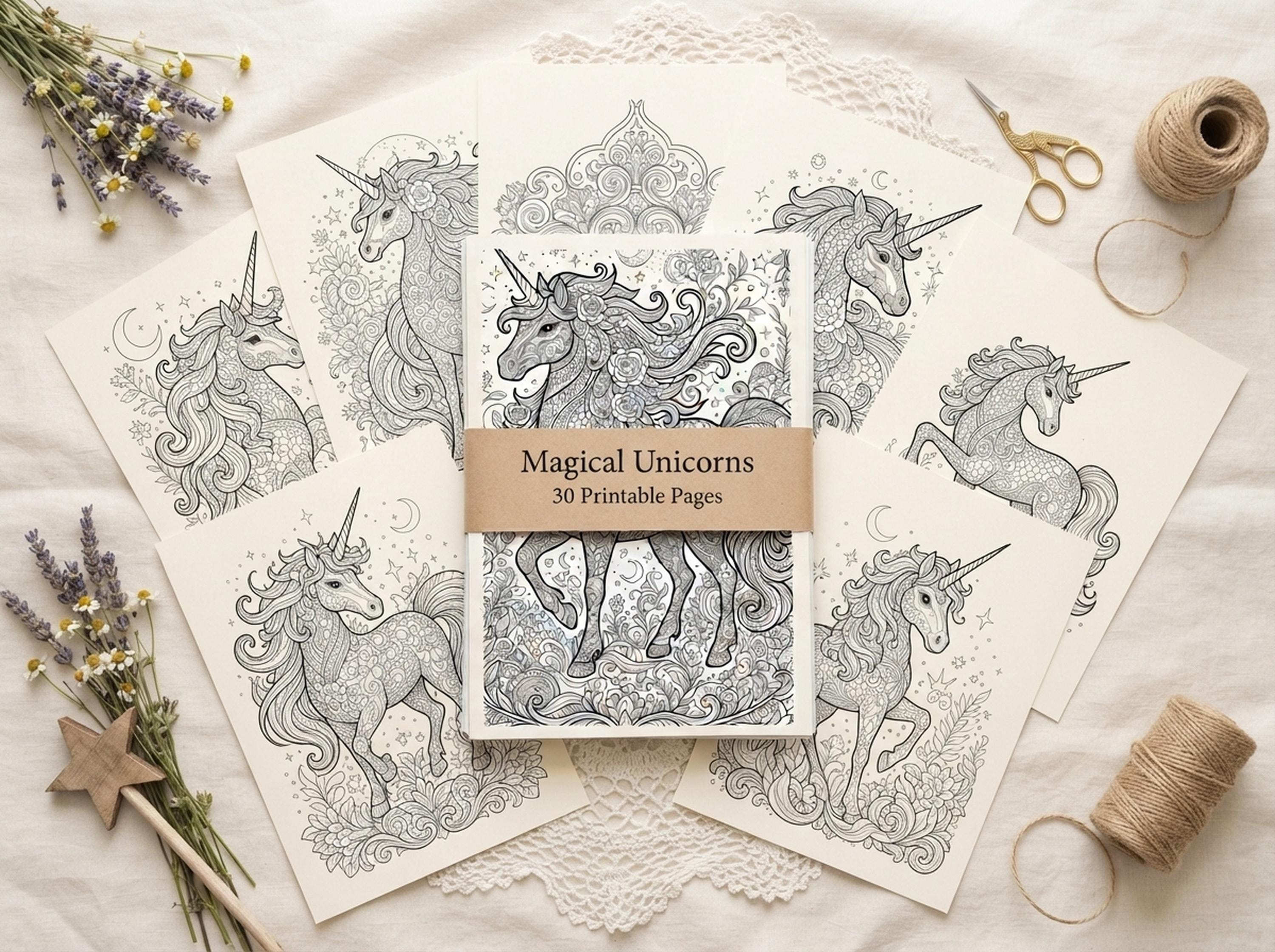 Magical Unicorns Coloring Book, Printable Adult Coloring Pages, Whimsical Magical Unicorn Stress Relief PDF, Digital Download · CB-40