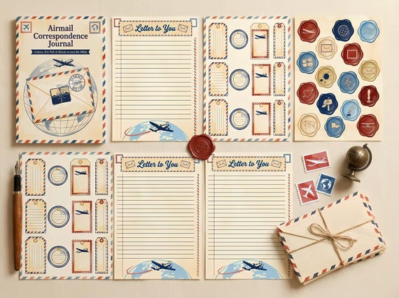 Airmail Junk Journal Kit, Printable Vintage Travel Journal Pages, Pen Pal Letter Ephemera, Postage Stamps, Digital Download · JK-080 view 4