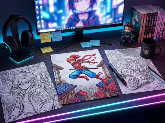 Manga Coloring Book Vol. 3 Night City Cyberpunk Noir, Printable Anime Style Coloring Pages, Neon Detective Ninja PDF, Digital Download