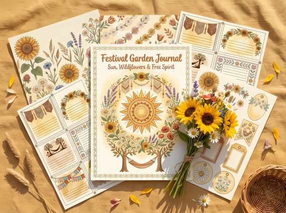 Boho Festival Garden Junk Journal Kit, Printable Wildflower Journal Pages, Folk Art Ephemera, Flower Tags, Digital Download · JK-066 view 2