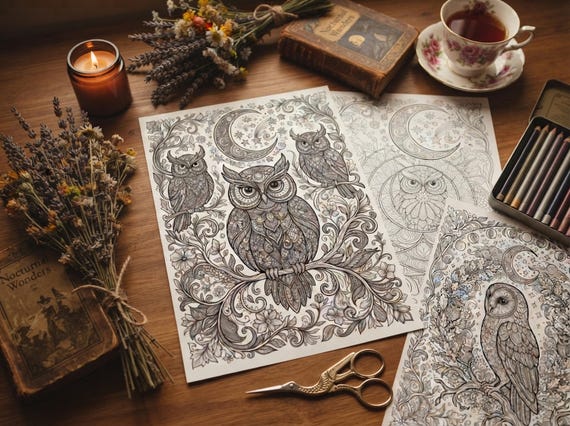 Owls & Moonlight Coloring Book, Printable Adult Coloring Pages, Whimsical Moonlit Owl Stress Relief PDF, Digital Download · CB-33 view 6