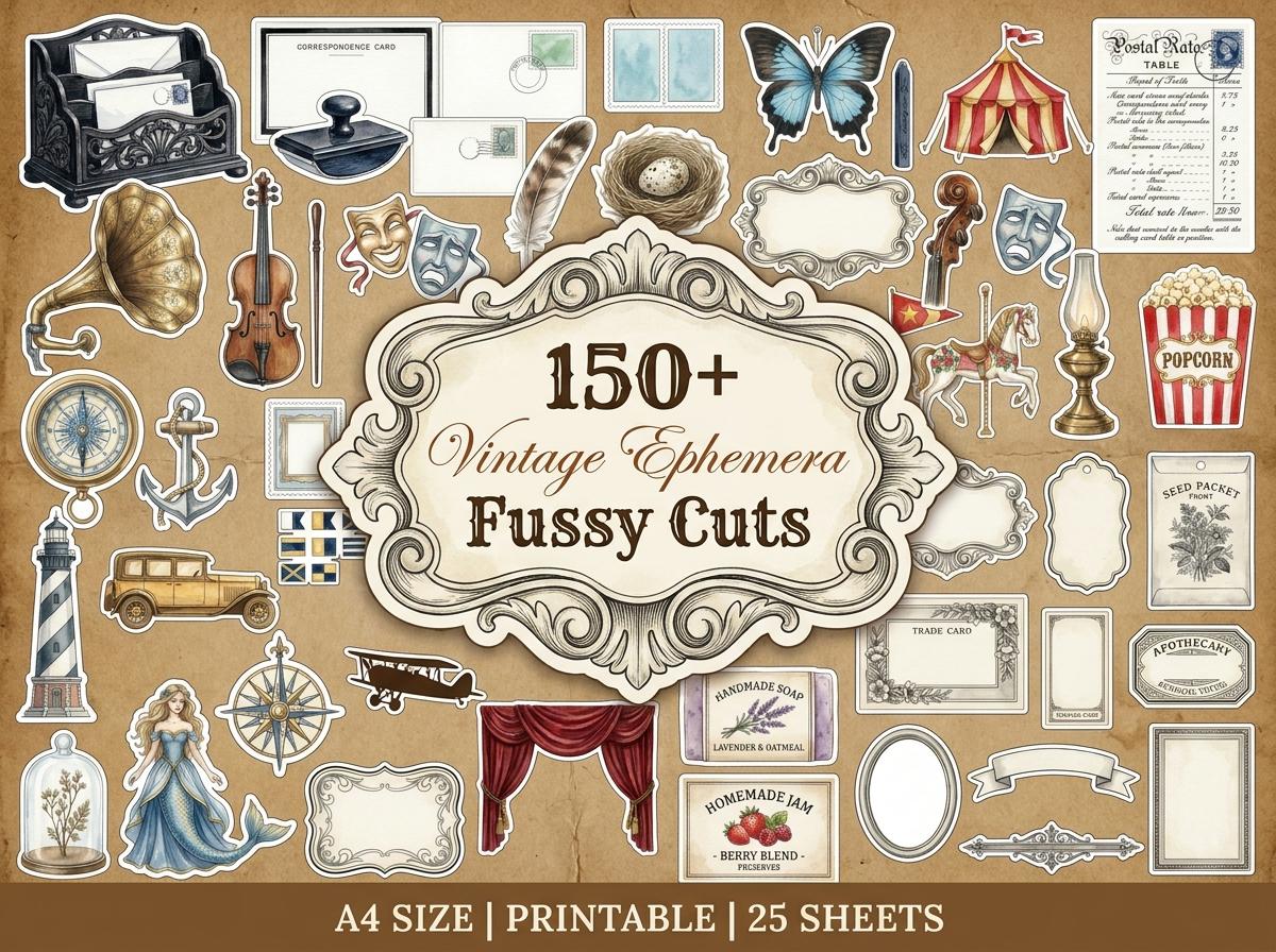 Vintage Ephemera Fussy Cut Sheets — 26 Printable Sheets, Victorian Junk Journal Ephemera, Antique Scrapbooking, Print at Home · FC-04