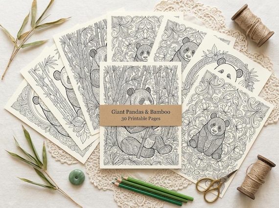 Giant Pandas & Bamboo Coloring Book, Printable Adult Coloring Pages, Bamboo Forest Stress Relief PDF, Digital Download