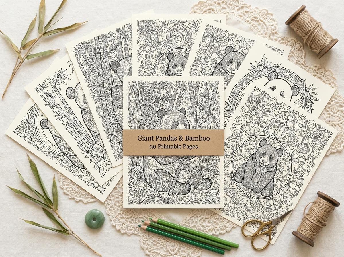 Giant Pandas & Bamboo Coloring Book, Printable Adult Coloring Pages, Bamboo Forest Stress Relief PDF, Digital Download