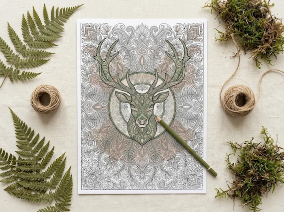 Woodland Deer & Ferns Coloring Book, Printable Adult Coloring Pages, Forest Nature Stress Relief PDF, Digital Download view 4