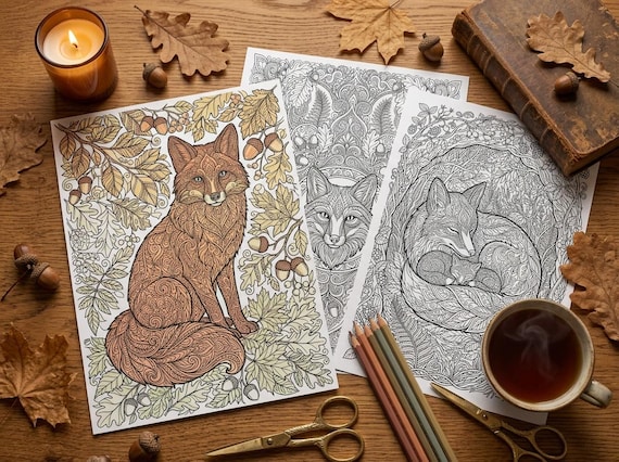 Red Foxes & Autumn Woodland Coloring Book, Printable Adult Coloring Pages, Fox Nature Stress Relief PDF, Digital Download view 3