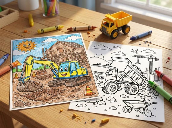 Construction Vehicles Kids Coloring Book, 30 Printable Coloring Pages for Ages 4-8, Boys and Girls Activity PDF, Digital Download view 3