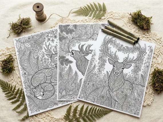 Woodland Deer & Ferns Coloring Book, Printable Adult Coloring Pages, Forest Nature Stress Relief PDF, Digital Download view 7