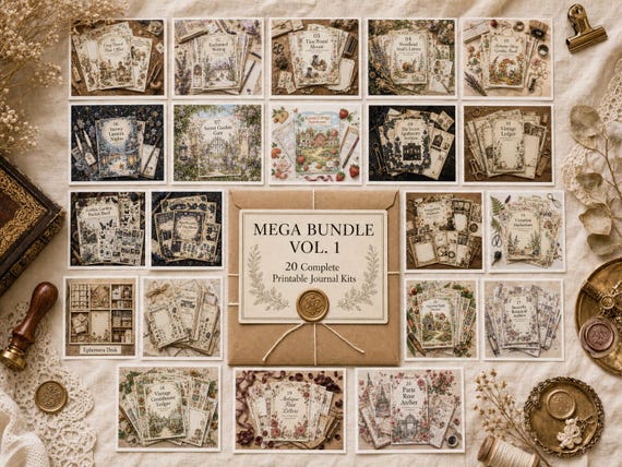 SAVE 50% << Printable Junk Journal Kit MEGA BUNDLE Vol. 1 — 20 Complete Journal Kits, Whimsical Cottagecore, Digital Download view 2