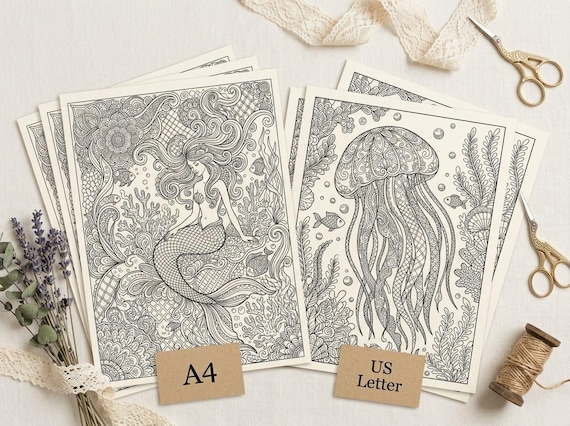 Ocean & Mermaid Coloring Book, Printable Adult Coloring Pages, Under the Sea Stress Relief PDF, Digital Download · CB-11 view 4