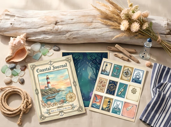 Coastal Nautical Junk Journal Kit, Printable Beach Journal Pages, Seaside Ephemera, Lighthouse Tags, Digital Download · JK-056 view 4