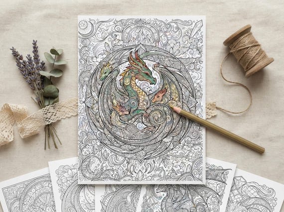 Mystical Dragons Coloring Book, Printable Adult Coloring Pages, Ornate Mystical Dragon Stress Relief PDF, Digital Download · CB-39 view 7