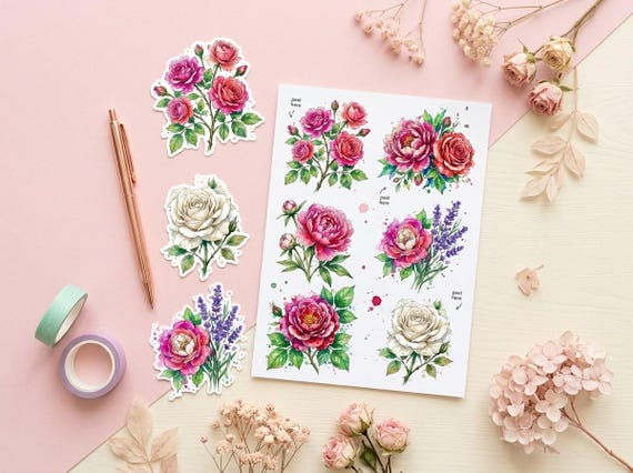 Watercolor Rose & Peony Clipart, 30 Transparent PNG, Commercial Use, Sublimation POD, Digital Download view 3
