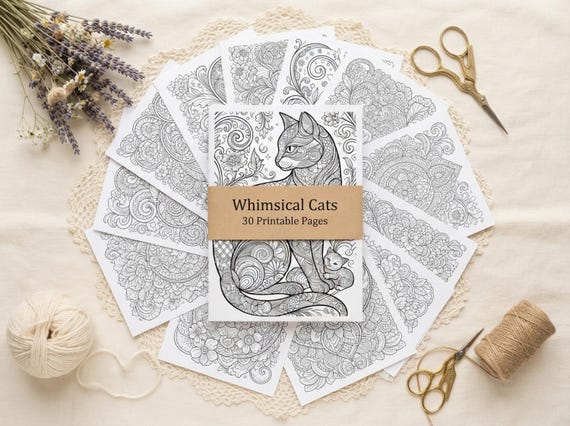 Whimsical Cats Coloring Book, Printable Adult Coloring Pages, Whimsical Decorative Cat Stress Relief PDF, Digital Download · CB-31