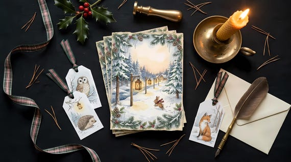 Winter Woodland Junk Journal Kit, Printable Storybook Journal Pages, Cottagecore Ephemera, Gift Tags, Holiday Cards, Fussy Cuts · JK-006