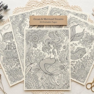 May include: A collection of printable coloring pages featuring intricate black and white line art of mermaids, coral reefs, and treasure chests. A brown rectangular label displays the text Ocean & Mermaid Dreams 30 Printable Pages.