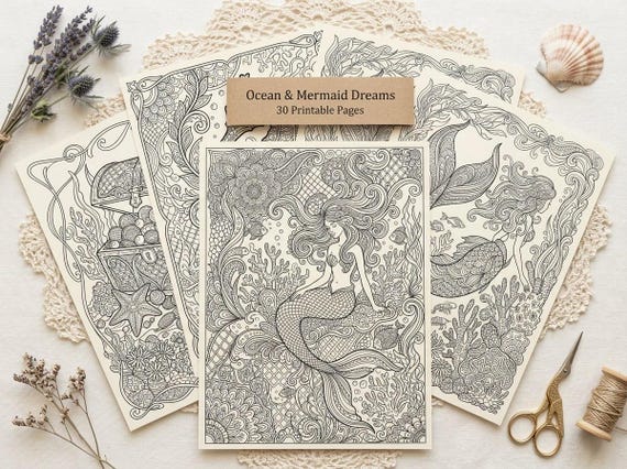 Ocean & Mermaid Coloring Book, Printable Adult Coloring Pages, Under the Sea Stress Relief PDF, Digital Download · CB-11