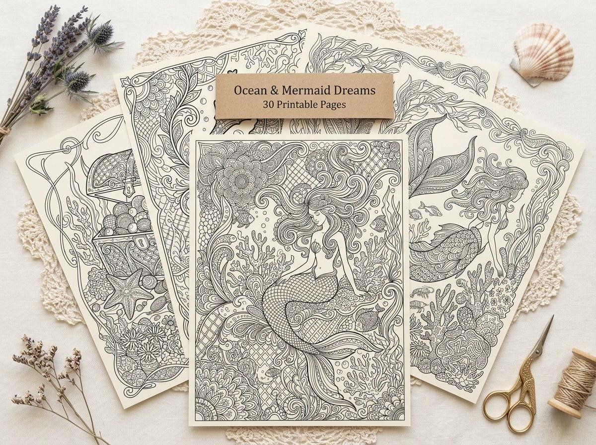 Ocean & Mermaid Coloring Book, Printable Adult Coloring Pages, Under the Sea Stress Relief PDF, Digital Download · CB-11