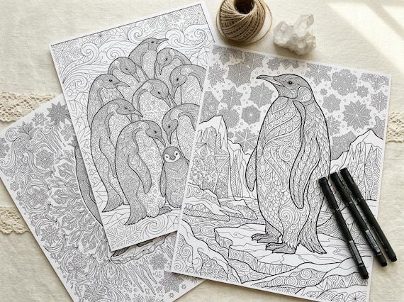 Penguins & Antarctic Ice Coloring Book, Printable Adult Coloring Pages, Winter Wildlife Stress Relief PDF, Digital Download view 7