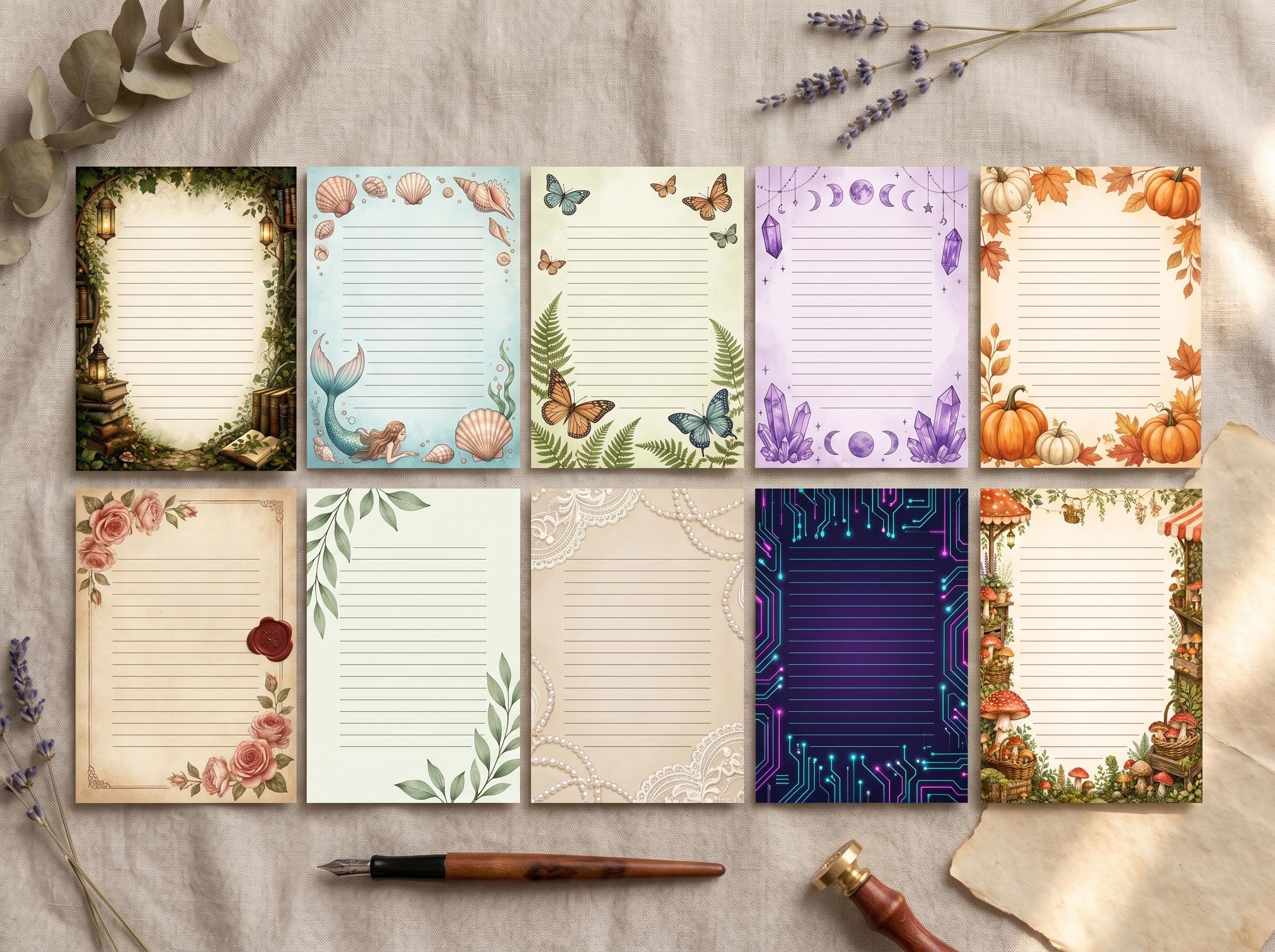 Decorative Lined Journal Pages — Vol. 3, Printable Writing Paper, Illustrated Lined Pages, Digital Download, Print at Home Stationery