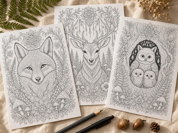 Enchanted Forest Animals Coloring Book, Printable Adult Coloring Pages, Woodland Stress Relief PDF, Digital Download · CB-05 view 3