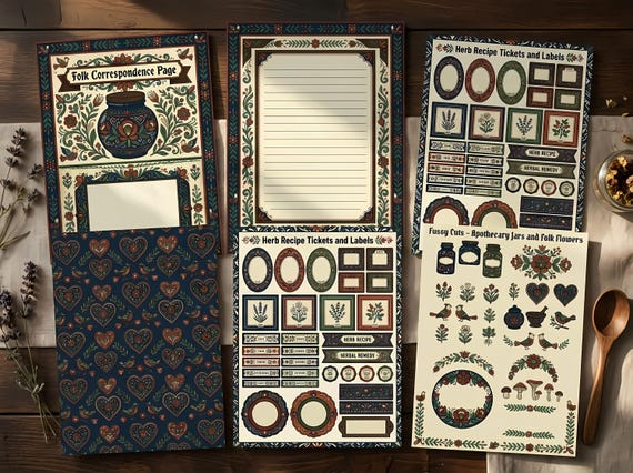 Nordic Folk Apothecary Junk Journal Kit, Printable Scandinavian Journal Pages, Folk Art Ephemera, Herb Tags, Rosemaling Apothecary · JK-044 view 2