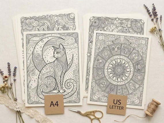 Celestial Zodiac & Moon Magic Coloring Book, Printable Adult Coloring Pages, Mystical Moon Stars Stress Relief PDF, Digital Download · CB-08 view 4