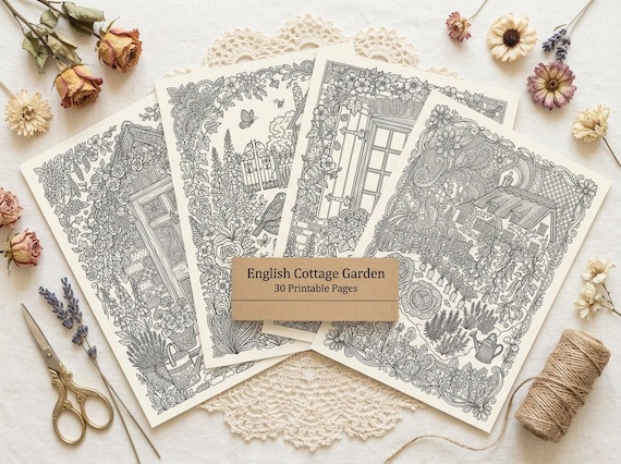 English Cottage Garden Coloring Book, Printable Adult Coloring Pages, Floral Garden Stress Relief PDF, Digital Download · CB-09