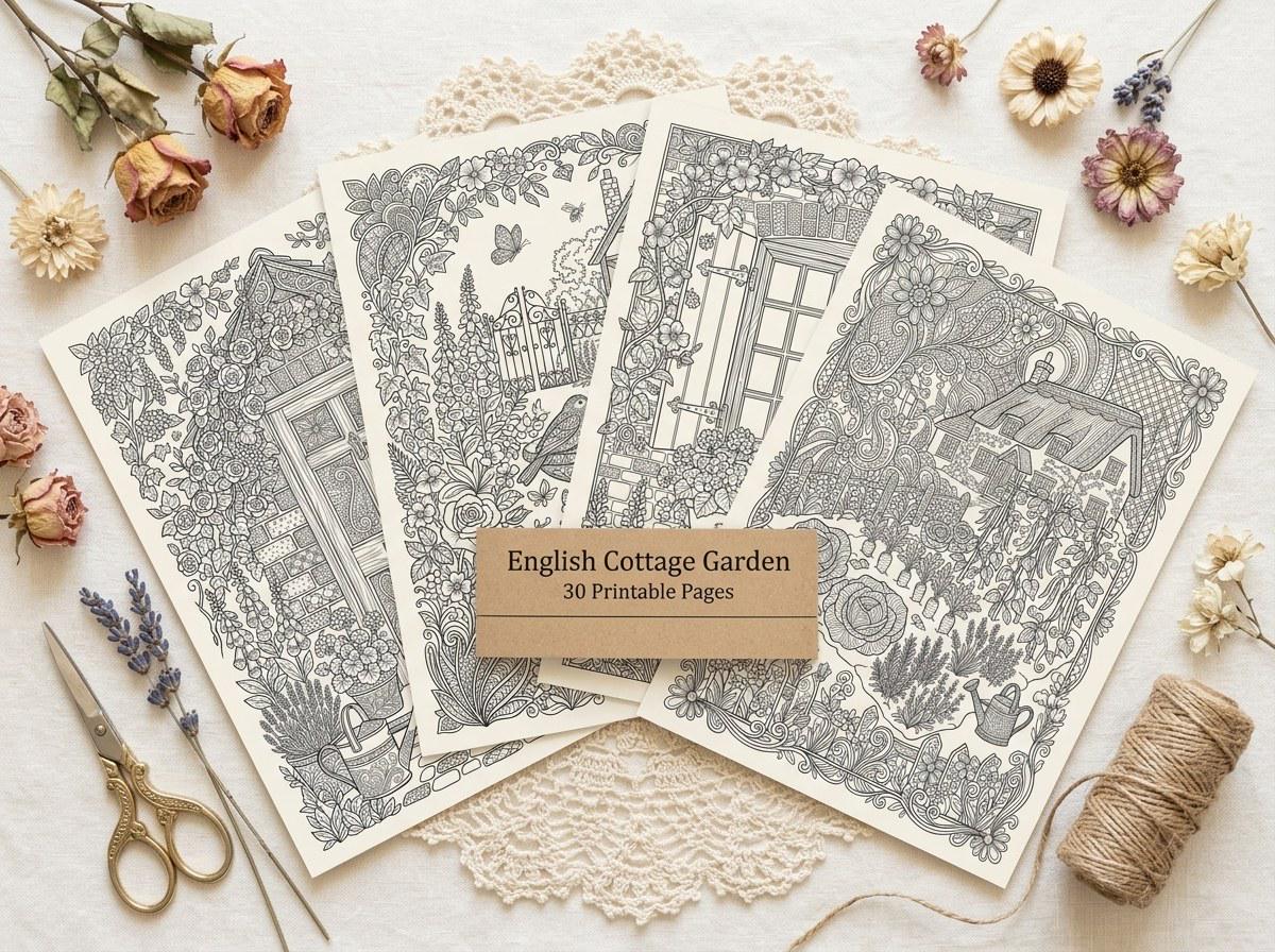 English Cottage Garden Coloring Book, Printable Adult Coloring Pages, Floral Garden Stress Relief PDF, Digital Download · CB-09