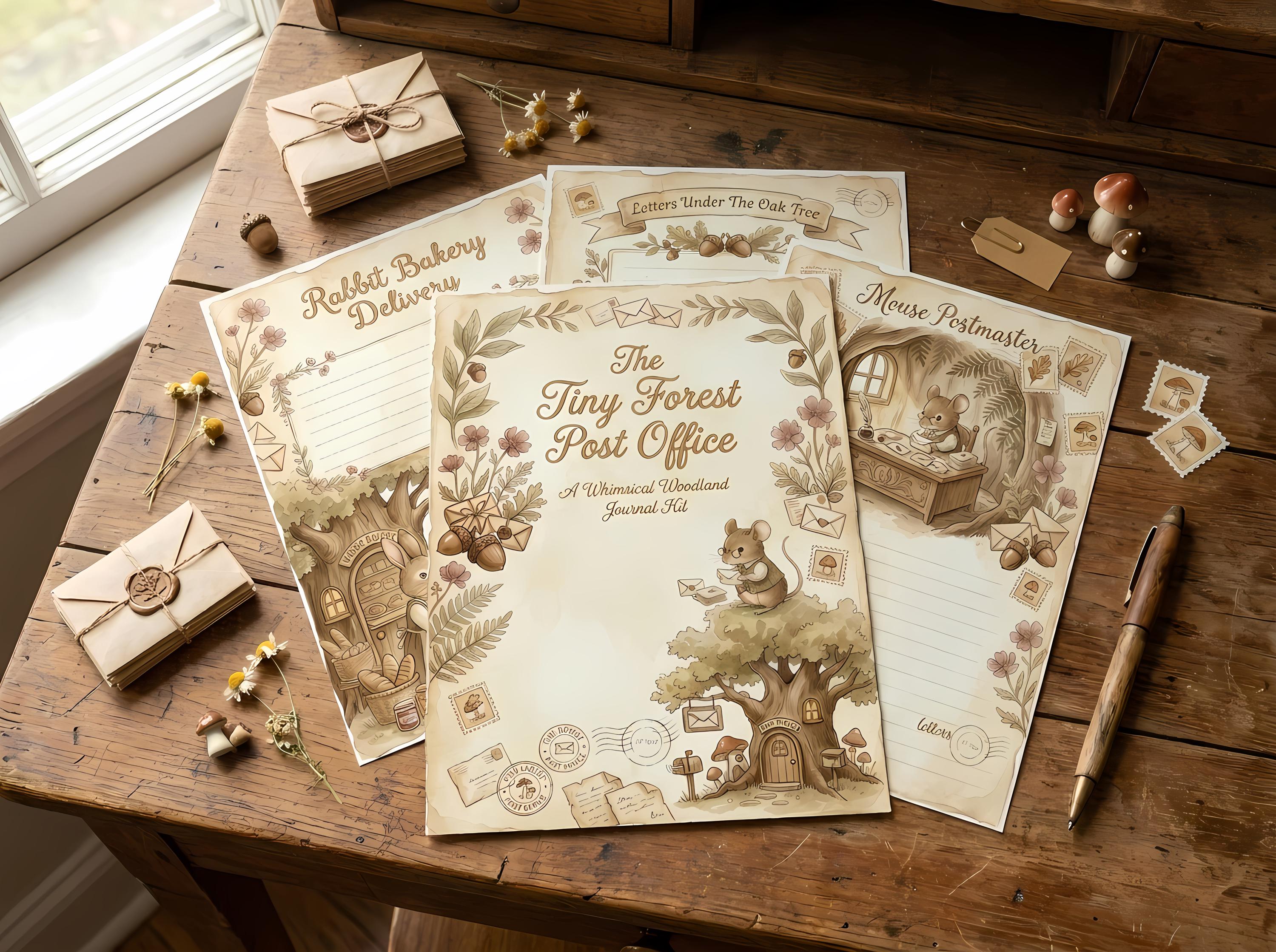 The Tiny Forest Post Office Junk Journal Kit — Printable Woodland Journal, Cottagecore Ephemera, Tags, Envelopes, Fussy Cuts · JK-001