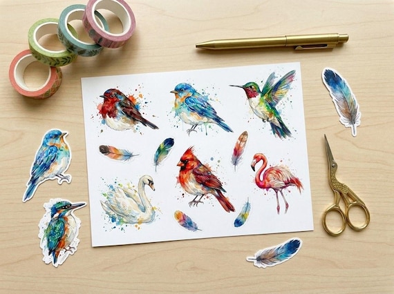 Watercolor Bird & Feather Clipart, 30 Transparent PNG, Commercial Use, Sublimation POD, Digital Download view 4