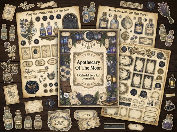 Apothecary Of The Moon Junk Journal Kit, Printable Dark Academia Journal Pages, Celestial Botanical Ephemera, Moon Phase Tags, Fuss · JK-012 view 3