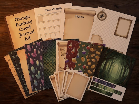 Manga Fantasy Quest Junk Journal Kit, Printable Anime Journal Pages, RPG Adventure Ephemera, Fantasy Tags, Digital Download · JK-123 view 4