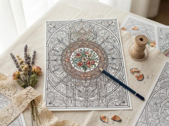 Stained Glass Florals Coloring Book, Printable Adult Coloring Pages, Stress Relief PDF, Digital Download · CB-36 view 7