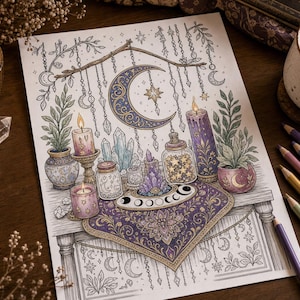 May include: A detailed illustration of a mystical scene with a crescent moon, stars, candles, crystals, and plants. The artwork is on a table with a purple cloth, and colored pencils are nearby. A lit candle and a cup of tea are also present.