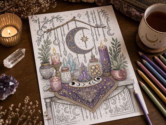 Mystical Moon and Stars Coloring Book, Printable Adult Coloring Pages, Celestial Stress Relief PDF, Digital Download · CB-04 view 6