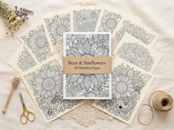 Bees & Sunflowers Coloring Book, Printable Adult Coloring Pages, Golden Bees And Sunflowers Stress Relief PDF, Digital Download · CB-42