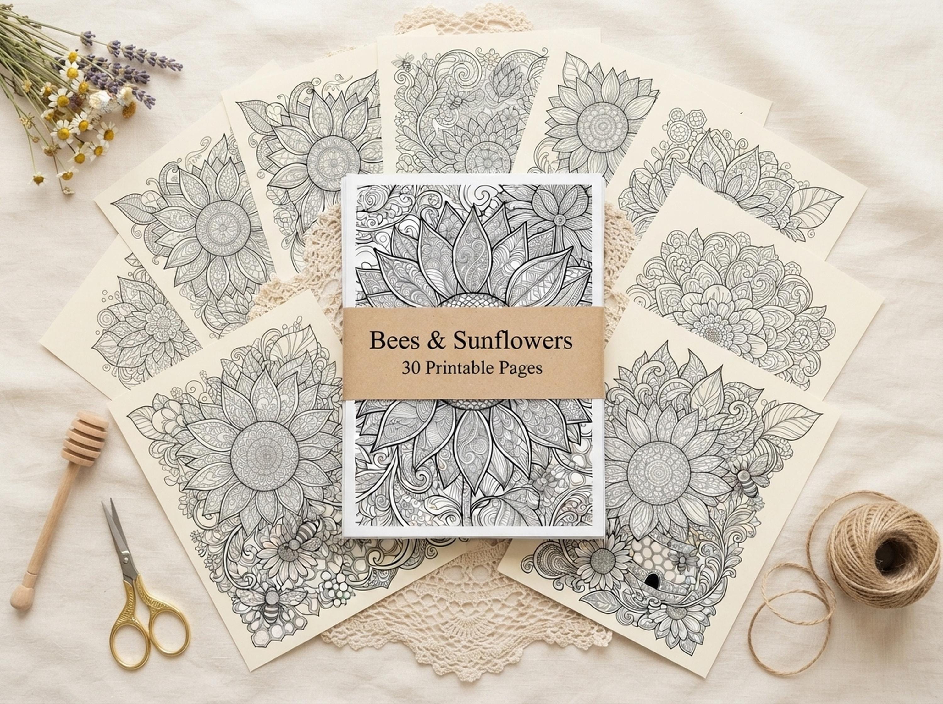 Bees & Sunflowers Coloring Book, Printable Adult Coloring Pages, Golden Bees And Sunflowers Stress Relief PDF, Digital Download · CB-42