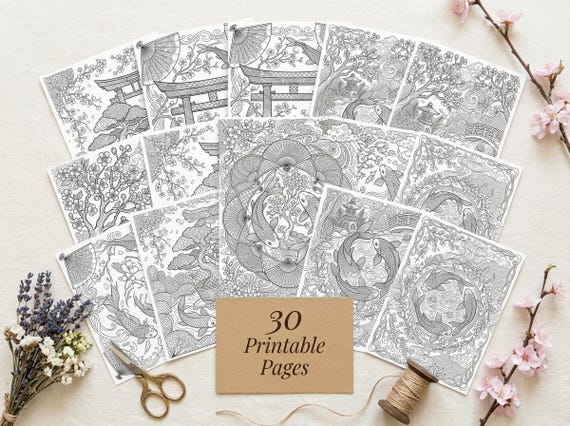 Japanese Koi & Cherry Blossom Coloring Book, Printable Adult Coloring Pages, Stress Relief PDF, Digital Download · CB-21 view 5