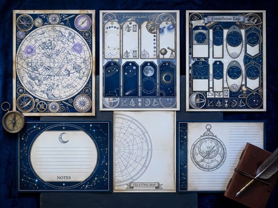 Celestial Observatory Junk Journal Kit, Printable Astronomical Journal Pages, Star Chart Ephemera, Constellation Tags, Vintage Astr · JK-045 view 2