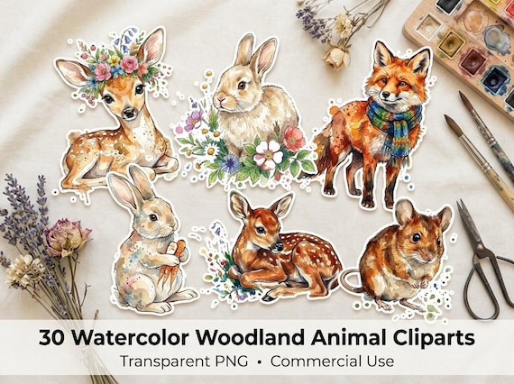 Watercolor Woodland Animal Clipart, 30 Transparent PNG, Commercial Use, Sublimation POD, Digital Download