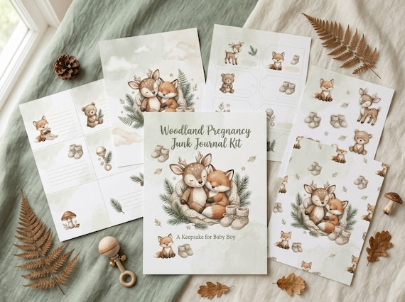Woodland Pregnancy Junk Journal Kit, Baby Boy, Printable Ephemera, Expecting Mom Gift, Baby Shower, Digital Download · JK-128