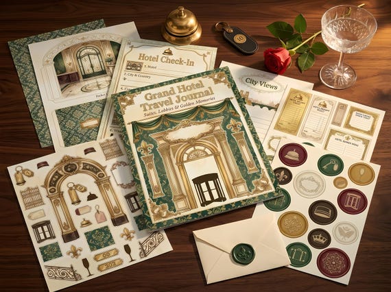 Grand Hotel Junk Journal Kit, Printable Vintage Travel Journal Pages, Hotel Ephemera, Luggage Tags, Art Deco Digital Download · JK-078 view 5