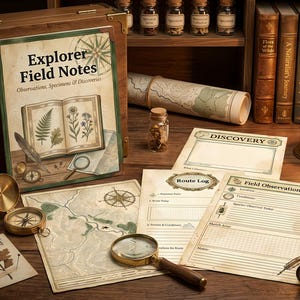 May include: A wooden box labeled Explorer Field Notes with botanical illustrations, accompanied by printed Route Log and Field Observations forms, a brass compass, a magnifying glass, a quill pen, a rolled map, and a lit oil lamp.