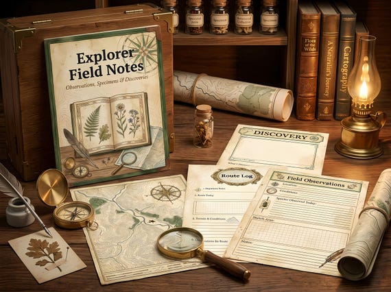 Explorer Field Notes Junk Journal Kit, Printable Vintage Nature Journal Pages, Botanical Specimen Tags, Map Ephemera, Digital Downl · JK-079