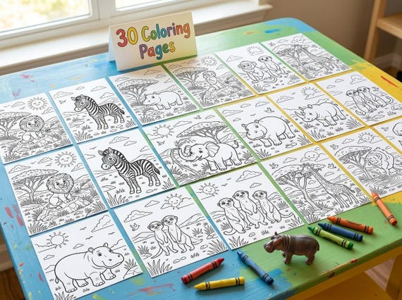 Safari Animals Kids Coloring Book, 30 Printable Coloring Pages for Ages 4-8, Boys and Girls Activity PDF, Digital Download view 2